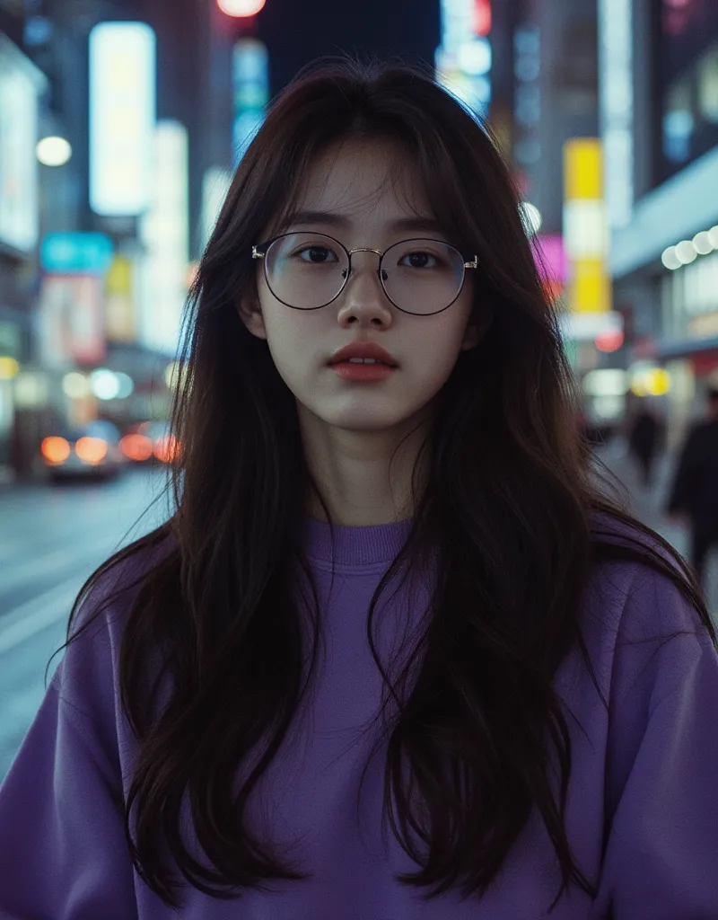 girl, wavy hair, round glasses, purple oversize sweatshirt, city street, between skyscrapers, neon, after rain, night, close up....