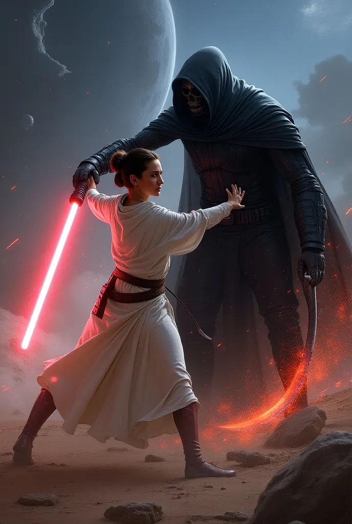 A fierce battle between Princess Leia wielding a blaster and a menacing Grim Reaper. The scene is set in a sci-fi environment, with vibrant energy blasts and dramatic lighting. Princess Leia is in a dynamic pose, showcasing her determination, while the Grim Reaper looms with a dark aura, scythe in hand. The background features a starry sky and distant planets, enhancing the epic feel of the confrontation.