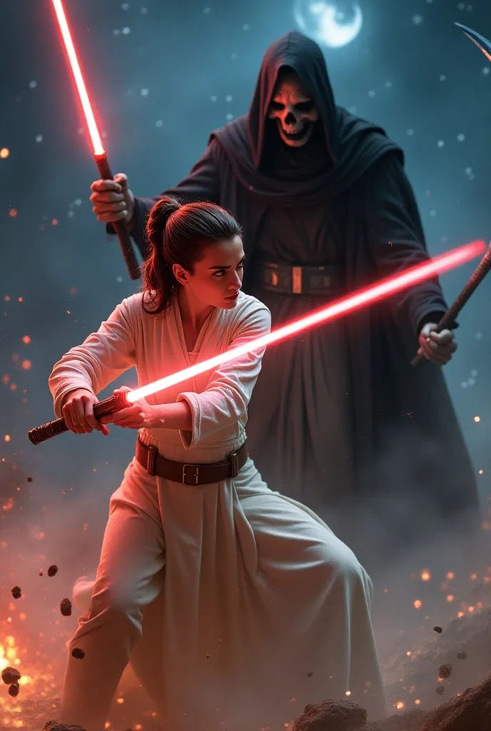 A fierce battle between Princess Leia wielding a blaster and a menacing Grim Reaper. The scene is set in a sci-fi environment, with vibrant energy blasts and dramatic lighting. Princess Leia is in a dynamic pose, showcasing her determination, while the Grim Reaper looms with a dark aura, scythe in hand. The background features a starry sky and distant planets, enhancing the epic feel of the confrontation.