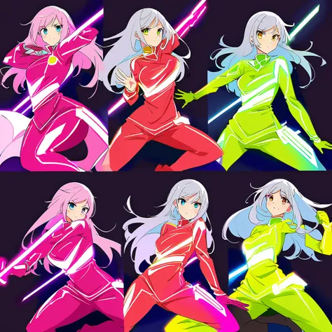 A brave and daring image of the six-woman Ranger team, Each is decorated with the following vibrant colors:: neon pink, Silvery Grey, Fire engine red, plasma violet, Fluorescent Green, shocking yellow. A dynamic pose with a background that oozes energy and...