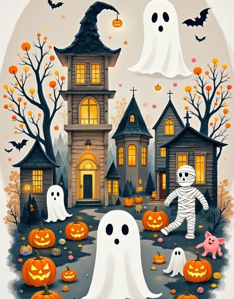 western-style ，水墨blooming，cute ghost silhouette with halloween western-style buildings and pumpkin lanterns，candy，zombies， mummy...