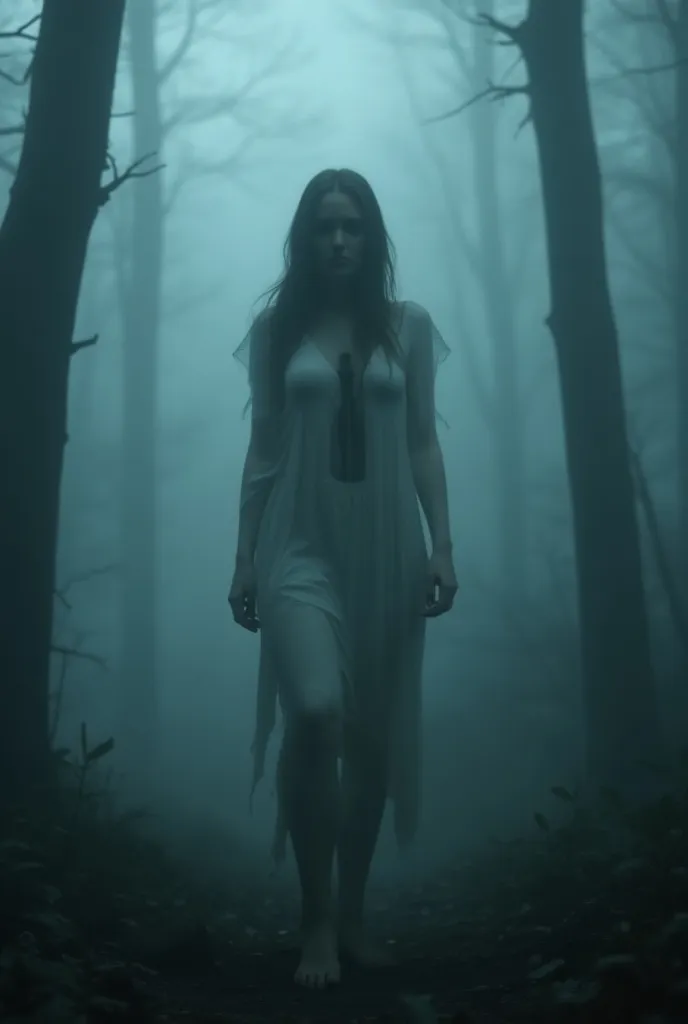 ((masterpiece, highest quality, Highest image quality, High resolution, photorealistic, Raw photo, Extremely detailed CG unified 8k wallpaper)), Dramatic Light, Volumetric Light, Mummy, Deep in a foggy forest, the ghost of a young woman wanders about, her body is white and translucent, her clothes are torn and she has a bullet wound in her chest, she is crying, she is waiting for someone to discover her,