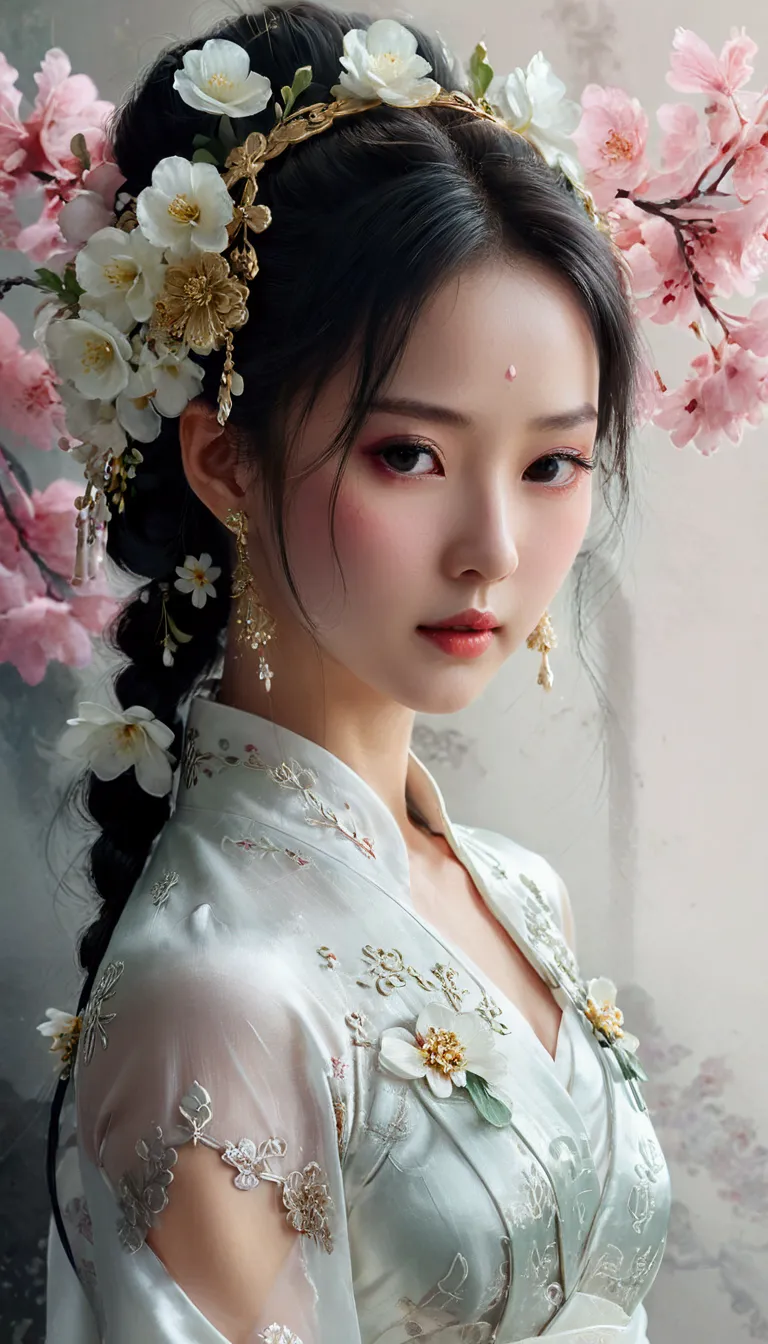 arafed woman in a white dress with a flower in her hair, artwork in the style of guweiz, palace ， a girl in hanfu, guweiz, beaut...