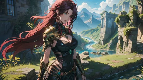 fantasy anime landscape portrait: in a high-resolution anime-style scene, a beautiful 22-year-old female warrior stands alone in...