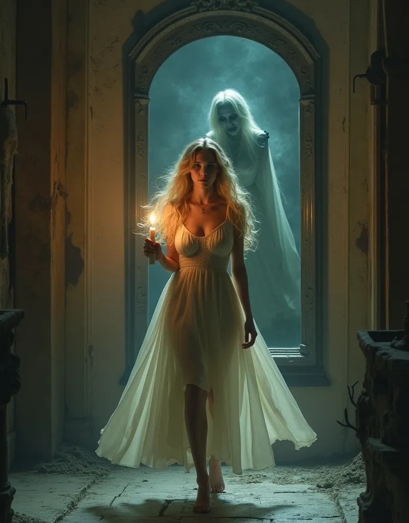 ((очень высокое качество фотореалистичный стиль close angle, left side view )) :  young girl  ( blond flowing hair, large breasts, a light dress , holding a hot candle in his hands )  looks in front of her and walks through an ancient castle past a mysterious old mirror in an old expensive frame hanging on the wall, (( the interior of an old abandoned castle , close angle, full length photo, ))( from the mirror, the terrible ghost of an ugly old woman with bony hands .(a terrible ghost looks out of the mirror and an ugly ghost looks out of the mirror at the girl ),