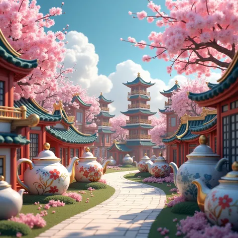  A Chinese city made of teapots, with Sakuras , blue sky, A sidewalk 