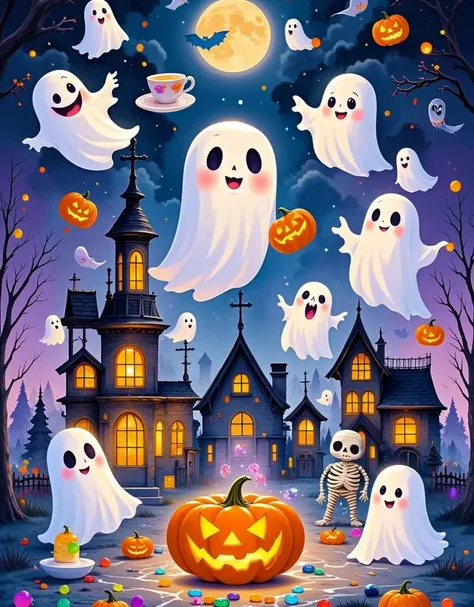 1wsjsm1, western-style ，水墨blooming，halloween poster，super cute，hd vivid，ghost image， cute characters ， cartoon style， ghosts a t...