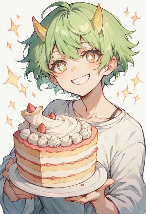 green hair, short hair, very short,boyish hair , short yellow horns,i'm looking at the cake,sparkling eyes,smile