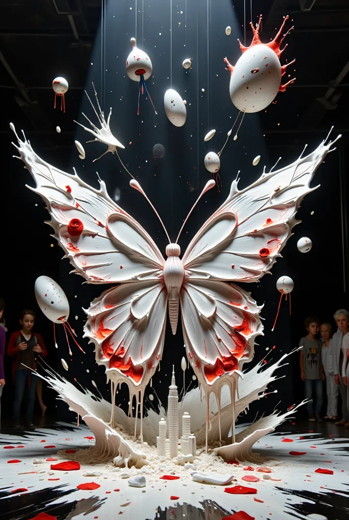 A butterfly art installation is positioned at the center of an exhibition hall, viewed from a mid-to-long distance. The butterfly’s form is filled with surrealist elements, with wings seemingly pieced together from shattered mirrors and geometric shapes, creating a continuously warping sense of time and space. The edges and textures of the wings appear cut and twisted. At the base of the installation, there are model skyscrapers or spinning tops, while shattered mirror fragments hang around the space. The lighting design uses contrasts of light and shadow to enhance the installation’s mysterious atmosphere.
