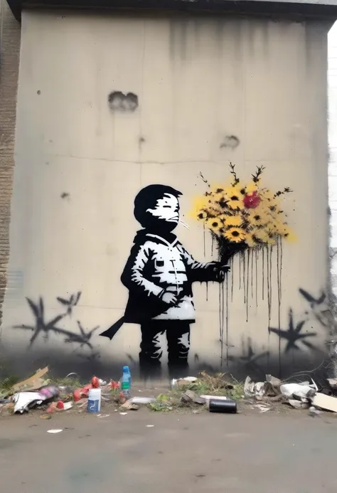 masterpiece,  best quality , super detailed, banksy style , 宇宙戦争を批判するbanksy style の壁画