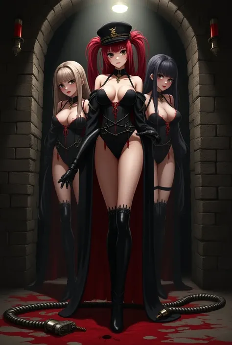  A dark, bloody medieval European style basement 、BDSM、 restraint for hanging from the ceiling 、Decorate the wall with normal size handcuffs and horseback whips 、Evil female executive、SM Queen、 is a twin tail hairstyle、 shortcuts、Long Hair Randomly 、 Brown...