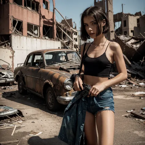 Sharp focus. Matilda (Mathilda) from LEON (professional) movie in a torn crop top and black tanding in front of a burnt out wreaked rusty elongated 1950s sty;e car in the ruins of an apocalyptic city. utter devastation. Beautiful young  model with black ha...