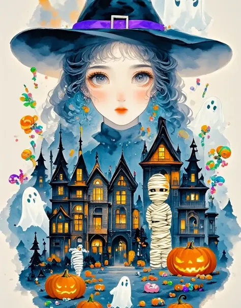 New Western style, (ink smudge), cute witch head silhouette integrated with Halloween Western-style architecture and jack-o -lanterns, candies, ghosts, mummies and other elements, (double exposure), embodying reflection, inner peace and human connection Na...