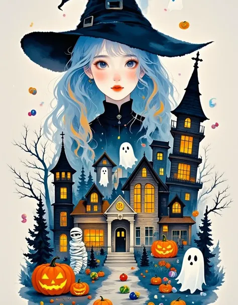 new western style, (ink smudge), cute witch head silhouette integrated with halloween western-style architecture and jack-o' -la...