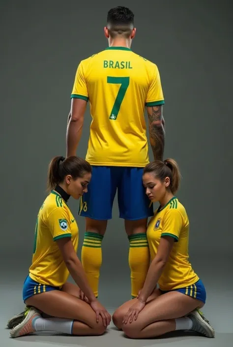 ( A man wearing a Brazilian soccer jersey ), strong, Dominant. standing. (( two women wearing Argentinian soccer jerseys kneeling before him.  they have one with a dog collar around their neck and their heads down . )). Humiliated  (nude),  without panties