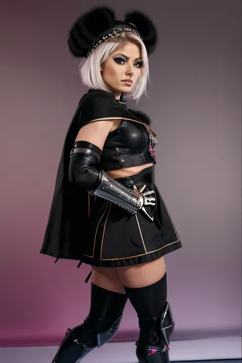 ablisswwe2023, aajda, short hair, white hair, ahoge, headpiece, fur trim, black cape, armor, armored dress, gauntlets, black thi...