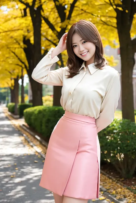  season is autumn yellow metasequoia tree-lined street, she is a 25 year old idol （ smiling brown hair wavy long hair big breasted slender  ） Dressed in elegant clothes  （ white long coat, pink silk collared blouse, tight black skirt, black skirt, black hi...