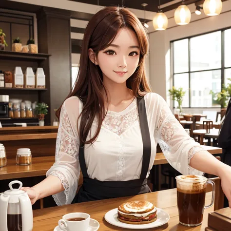 korean woman with long reddish-brown hair smiles warmly while sitting in a cozy, modern café. she is dressed in a delicate white...