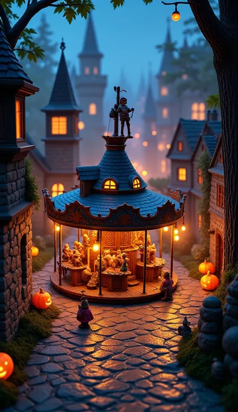  anime and cartoon illustration of a miniature version of an epic village that looks like a carousel, a magic  carousel, bigger than buildins and castles. the carousel is decored for halloween theme. an halloween ambiance as background image .the lightning...