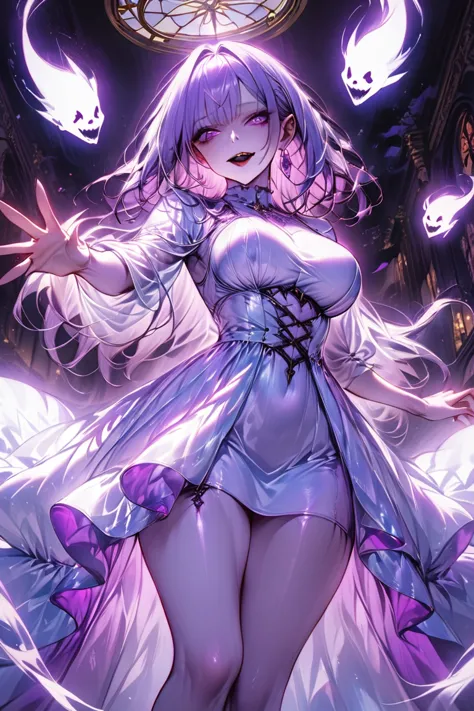  1 mature beautiful woman ,(Best Quality, very detailed depiction , Incredibly Absurd Hi-Res, Sharp Teeth Like a Beast ,Curvaceous body),(Woman Ghosted :1.3),(white gothic dress:1.3),(purple eyes that shine strongly,Eyes of Madness:1.3,Black lipstick, glamorous body ,Beautiful legs,Beautiful legs,Pale skin:1.2),(Reaching out my hand:1.3,),Full body image:1.5, Fantastic Atmosphere ,Pale-white aura,Ghosts flying around,Pale white light