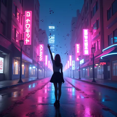 A photo of a woman standing in the middle of an empty city at night. The atmosphere is filled with colorful neon lights—pink, blue, and purple—reflecting off the buildings, creating a lively, artistic vibe. The woman raises one hand, as if feeling the ener...