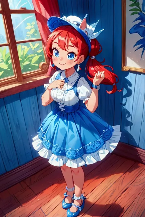 (masterpiece, best quality), 1girl, blue and white frill dress, red hair, two ponytails, cute face, blue eyes, standing, indoor, intricate detail, sunlight, cute dog hat, sexy pose, blue and white shoes, earrings, elegant hand watch, smile, coquette, gorge...