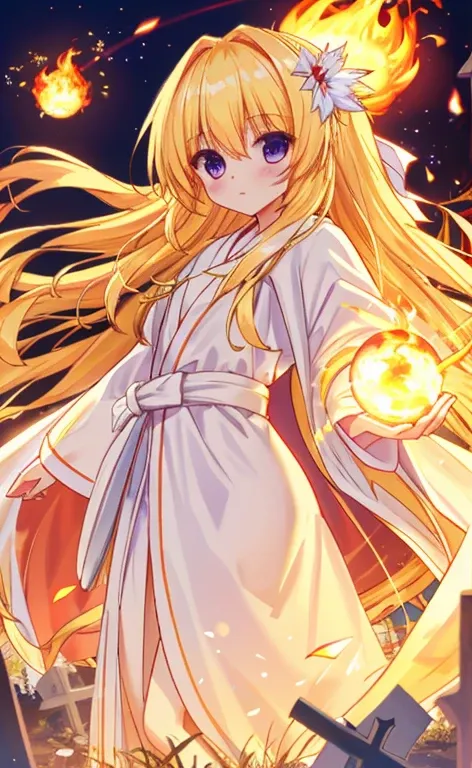  beautiful long blonde hair 　ghost　White robes　whole body　Graveyard at night　fireball