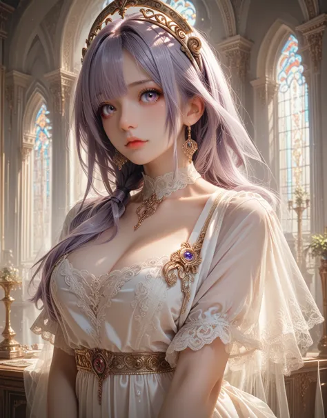 a busty and buttock angel woman with good curves shiny transparent violet hair light violet eyes with refined elegant main cloth...