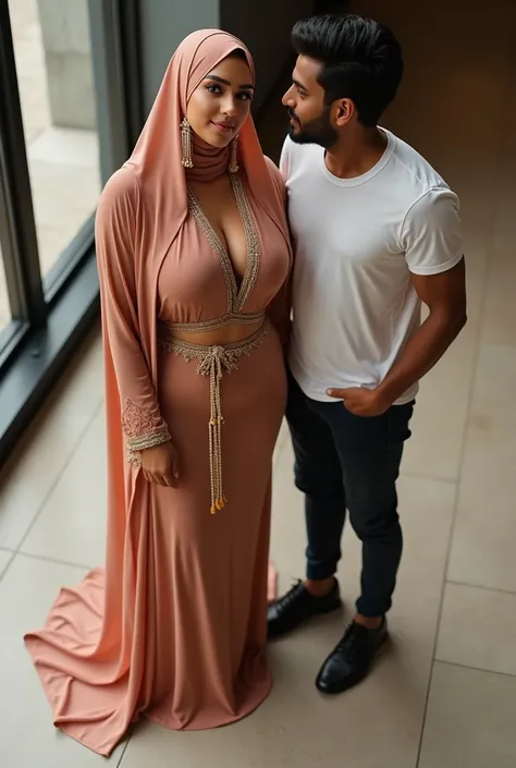 Fair skin teenage arabian muslimah Kim Kardashian busty booty slim thick curvy flaunts curves in extremely skin tight full muslimah arabian dress. Head covered shoulder draped by Long sheer scarf. Long earrings stand nearly next to tall dark indian male fa...