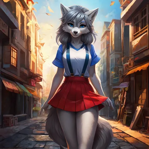 (wolf furry girl),  city street of the night, ((grey hair)), (blue curls)), великолепное качество, ((blue eyes)), tail tip white...