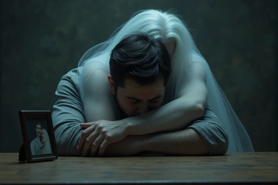 (UHD, masterpiece, super detail, high details, best quality, highres, 8k), 1man, Sitting chair, sleeping on table:1.5, Crying:1.2, husband and wife picture on table, ((1gost woman, My whole body is pale and transparent :1.1)),  I'm hugging my husband from my back , sadness, Dark Room, living