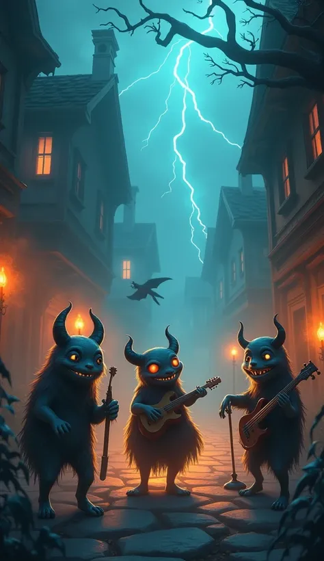 a masterpiece artwork of an awesome illustration of anime characters. A haunted band orchestra of cute and kind halloween monstersmonster. During the concert in the foggy street of the haunted village, their music instruments became alive and haunted. The ...