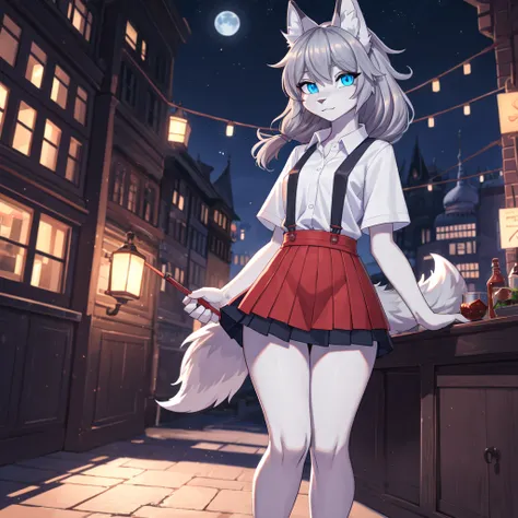 (wolf furry girl), night city, ((grey hair)), (blue curls)), великолепное качество, ((blue eyes)), tail tip white, ((red mini sk...