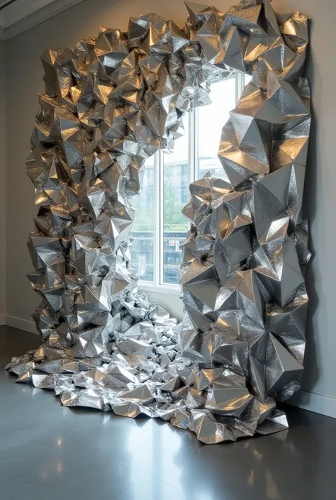  Image of a semi-relief installation made with mirror paper， Reflectivity of using mirror paper、 Visual extension effect 、Gloss ， Characteristics of formability ，Half relief design，Combining beauty with Jim Hodges style characteristics ， refers to the arti...