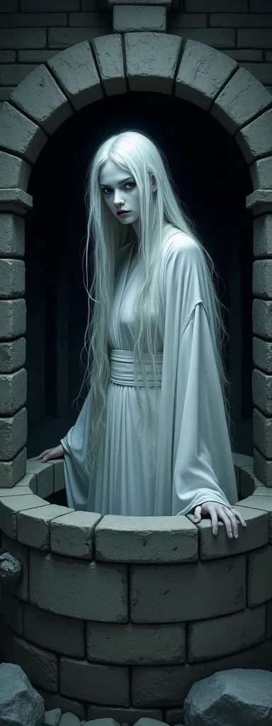 （masterpiece、high quality、High image quality、4K、8k、 Details、）、A classic Japanese-style female ghost emerges from an old stone well in total darkness. The ghost has long, disheveled white hair, her face slightly hidden by her hair, and a resentful expressio...