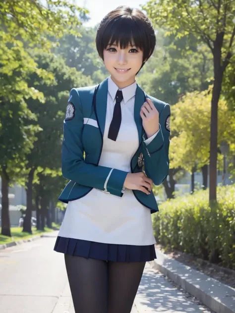 (Big Breasts)、The Irregular at Magic High School uniform、(smile)、( slender)、(Best Quality:1.5)、( short hair )