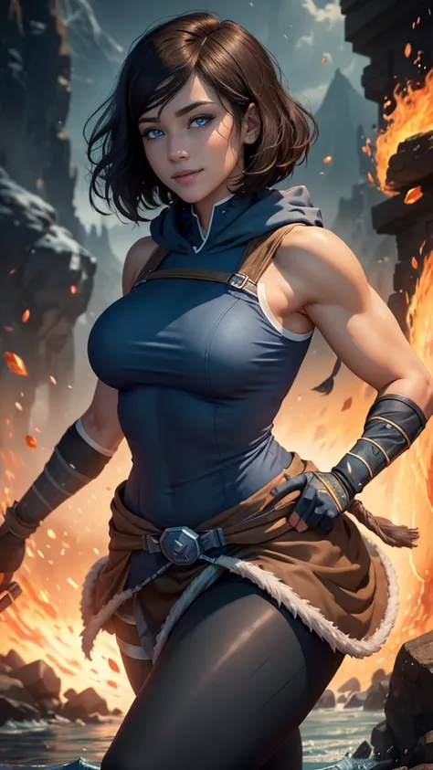 Korra da avatar,(best quality, 4K,8k,high resolution,work of art:1.2)(weather: showing), artic background, ninja village, wide hips, short curly hair, brown hair, freckles, sleeveless ninja hoodie top, steel armor, tight ninja skirt, shinobi leggings, ninj...