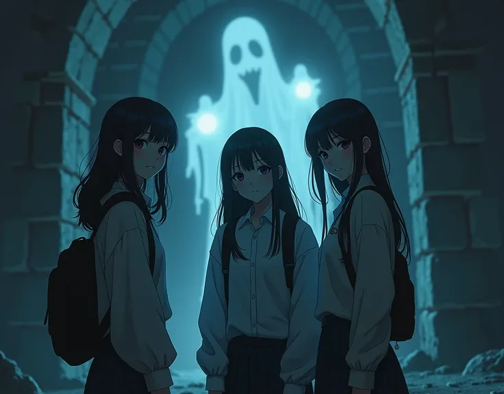 There are three female students taking a commemorative photo in the ruins at night. A woman with a natty and beautiful face, an innocent smile. A mysterious pale poltergeist and orb can be vaguely seen in the background, paranormal phenomenon. Ghost photos...