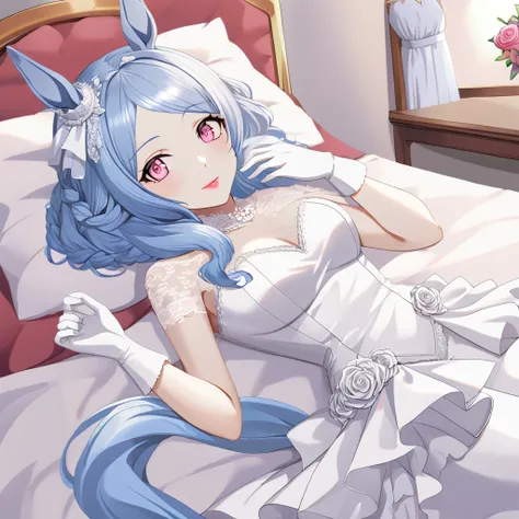 1girl, horse girl, horse ears, horse tail, long hair, blue hair, braid hair, wedding dress, mermaid wedding dress, lace white gloves, wedding hair ornament, pink eyes, red eyeshadow, pink lips, pale skin, bedroom, lying on bed, zoom in, 