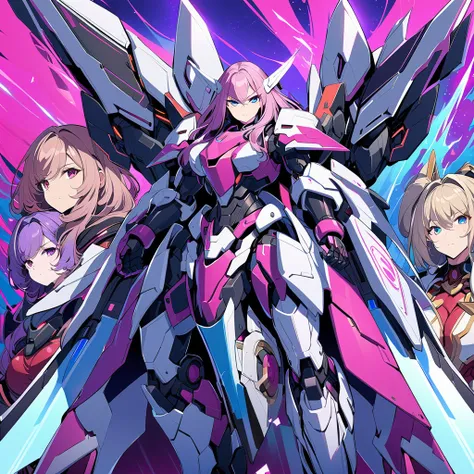 anime, high detailed, multiple womans, mature womans, mecha armor, large mechanical wings, large gauntlet, large shield in arm, ...