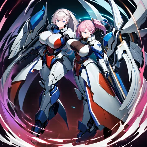 Anime, high detailed, multiple womans, mature womans, mecha armor, large mechanical wings, large Gauntlet, large shield in arm, serious, curvy body, long mechanical wings, mecha weapons、Colored armors、magenta Colored aura、BLUE Eyes, elongated pupils,  Matu...