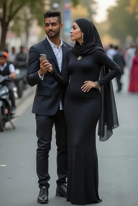 Fair skin teenage arabian muslimah Kim Kardashian busty booty slim thick curvy flaunts curves in extremely skin tight full muslimah arabian dress. Head covered shoulder draped by Long sheer scarf. Long earrings stand nearly next to tall dark indian male fa...