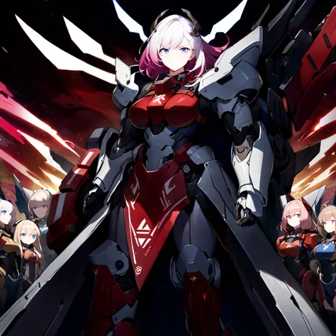 anime, high detailed, multiple womans, mature womans, mecha armor, large mechanical wings, large gauntlet, large shield in arm, ...