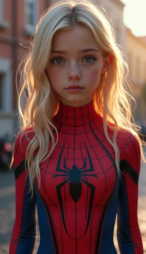  pre-teen, European, blonde, small breasts, big eyes, close-up on breasts, long legs, Spider-man suit, ray tracing, HDR