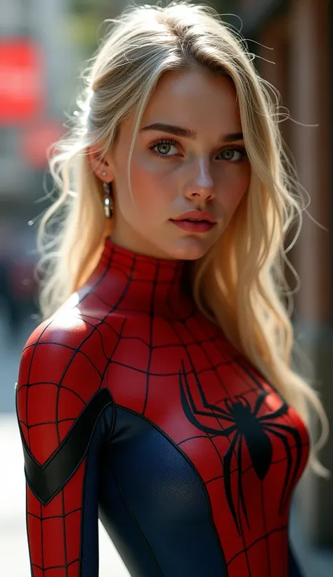 teen, European, blonde, small breasts, big eyes, close-up on breasts, long legs, Spider-man suit, ray tracing, HDR