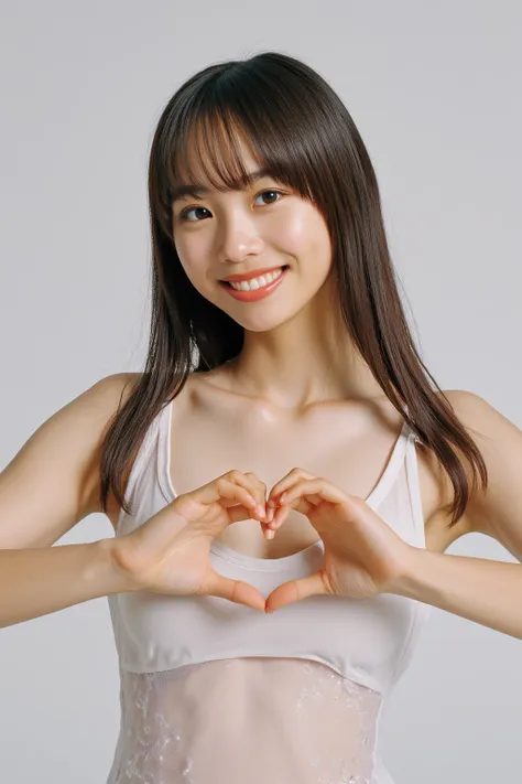 She is in a pose wearing a sexy camisole, making a firm big heart shape with both hands, and holding it in front of her chest, smile

