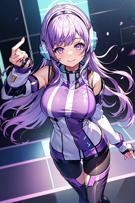 thighs、tights、chest、smile、 light purple hair 、 1 girl、 solo girl 、income、 headphones、tablet device、mecha girl、 hot pants