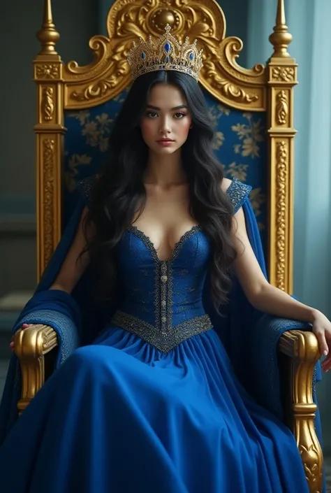 20 age king with a crown on her head and wearing blue, with a "whisper heart" design in the picture, sitting on a golden chair. rotate in front
put whispher heart names in the picture and long hair halloween version