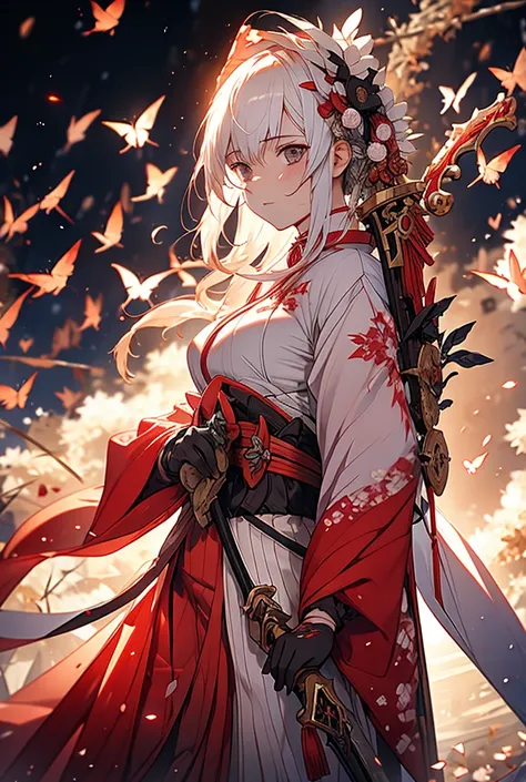 A female swordsman with a beautiful, blood-stained Japanese sword in kimono holding a crimson sword that was once called demon slayer