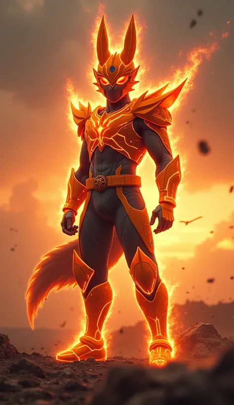 A realistic Kamen Rider in his final form inspired by Naruto and Kyubi, featuring a sleek and powerful build in dominant orange armor that radiates energy. His helmet showcases an intricate design inspired by Kyubi’s nine-tailed form, complete with elongat...